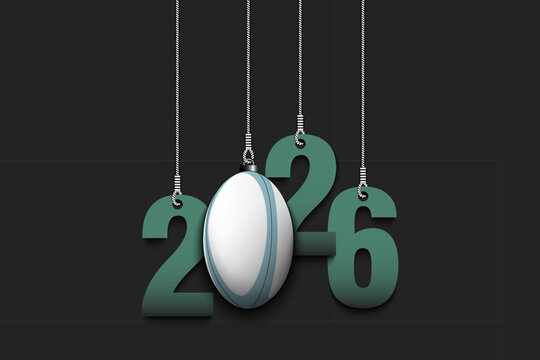 Numbers 2026 and rugby ball as a Christmas decorations are hanging on strings. New Year 2026 are hang on cords. Template design for greeting card. Vector illustration on isolated background - Powered by Adobe
