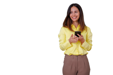 Smiling young woman using smartphone, sending text message, browsing social media, isolated on transparent background