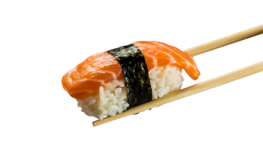 Closeup of a single piece of fresh salmon nigiri sushi being held delicately by wooden chopsticks against a pure transparent background, showcasing the vibrant orange fish