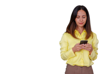 Woman communicating with smartphone, texting or scrolling social media content, connecting with technology, transparent background