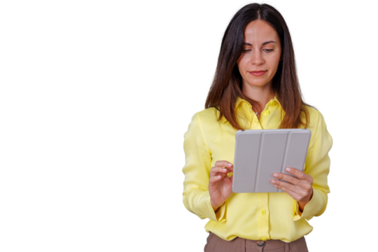 Woman working with digital tablet, browsing social media or checking emails, focused on online content, transparent background