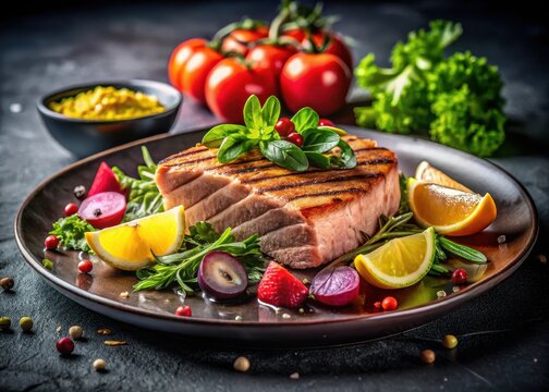 A succulent grilled tuna fillet takes center stage on a plate, accompanied by a vibrant salad mix and the citrusy zing of grilled lemon, set against a