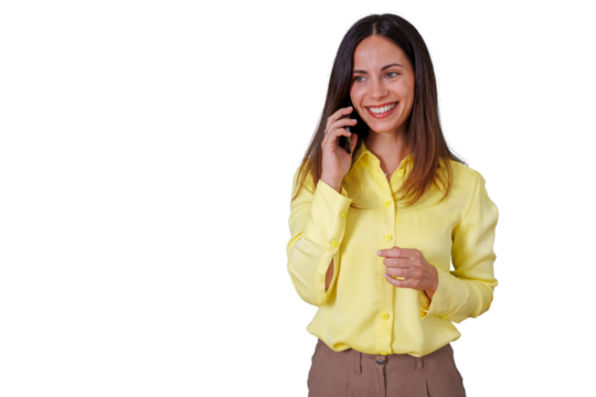 Confident businesswoman talking on smartphone, smiling, communicating and networking on transparent background