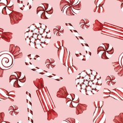 Seamless pattern with pink and red Christmas candy, carousel, gingerbread, bow and gift, isolated on colored background