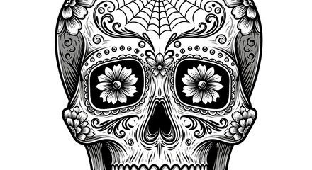 Intricate black and white sugar skull illustration with floral patterns and spiderweb detail, representing Day of the Dead art.
