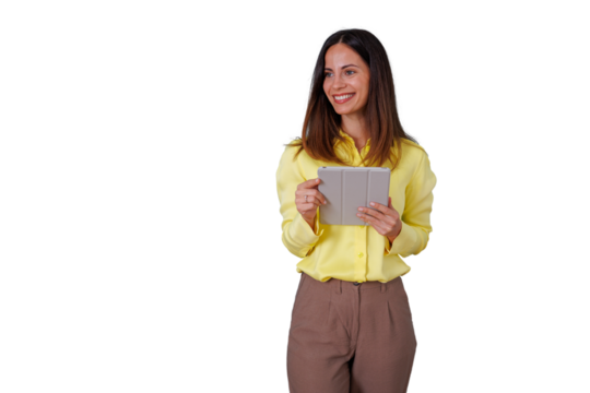 Businesswoman holding tablet and smiling, embracing modern technology, transparency for versatile design - Powered by Adobe