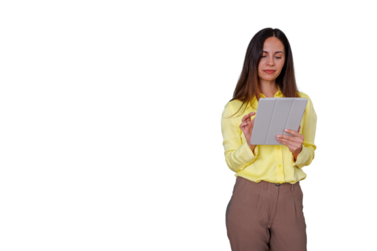 Woman working on digital tablet, using touch screen for business communication and online learning, transparent background