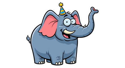 A joyful cartoon elephant celebrating with a party hat and a raised trunk on a white background.