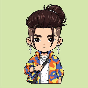 Chibi Boy with Man Bun and Camouflage Jacket.