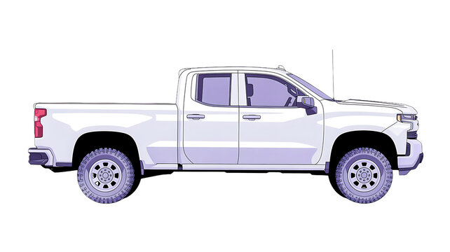 Side view of a modern white fourdoor pickup truck with offroad tires, isolated on transparent background