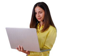 Woman working on laptop, managing business online, connecting remotely, browsing internet with technology focus