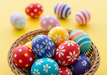 Fototapeta premium Colorful Easter Eggs with Flowers and Dots in Basket. Generative Ai