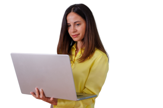 Woman working on laptop, managing business online, connecting remotely, browsing internet with technology focus