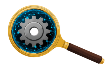 Magnifying glass with glowing blue network pattern and central gear mechanism symbolizing search, analysis, technology, optimization, and engineering concept isolated on transparent background