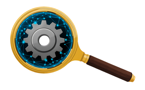 Magnifying glass with glowing blue network pattern and central gear mechanism symbolizing search, analysis, technology, optimization, and engineering concept isolated on transparent background