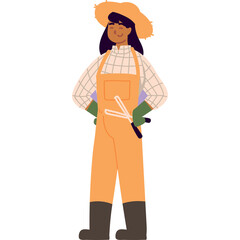Smiling Female Farmer Wearing Orange Overalls and Straw Hat Standing with Hands on Hips Holding Gardening Tools with Green Gloves and Brown Boots on a Transparent Background