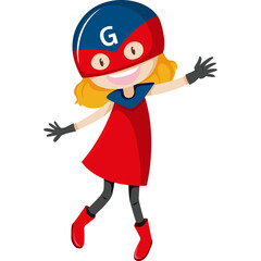 Smiling Girl Dressed As Superhero With Red Blue Mask And G Letter On Helmet Standing On Transparent Background