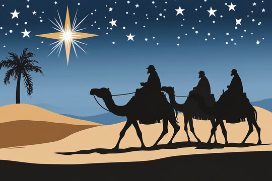 Rois mages avançant à dos de chameaux dans le désert sous ciel étoilé guidés par l’étoile de Bethléem pour visuel d’Épiphanie et tradition de début janvier - Powered by Adobe