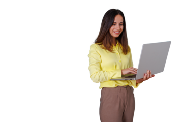 Woman standing, typing on laptop, smiling, and working remotely, showing concepts of technology, connectivity, and productivity. Transparent background