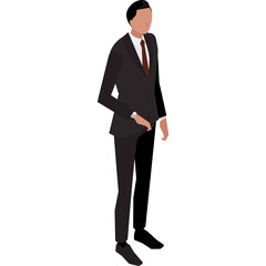 Isometric Business Man Standing Against White Background with Shadow in a Pixel Art Style Featuring Dark Suit and Red Tie