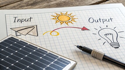 Hand drawn diagram shows solar energy conversion process input output