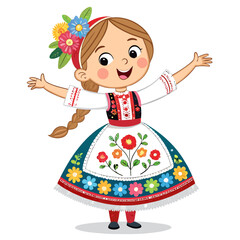 Cute Girl Mascot Wearing Traditional Hungarian folk dress Style Clothing – Vector Illustration