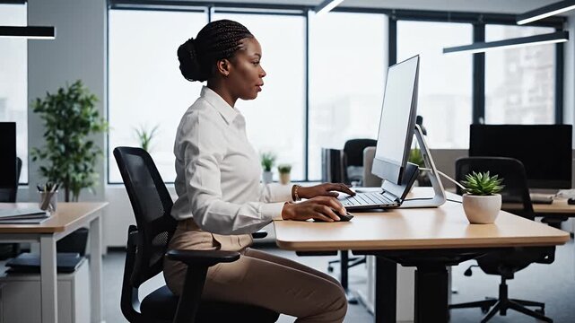 Professional African American woman diligently working on her laptop and computer using a mouse in a bright modern corporate office environment showcasing focus