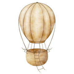 Hot air balloon in vintage children's style, beige pastel colors. Hand-drawn watercolor illustration isolated from background for designs birthday greeting card, posters, nursery decor, baby showers