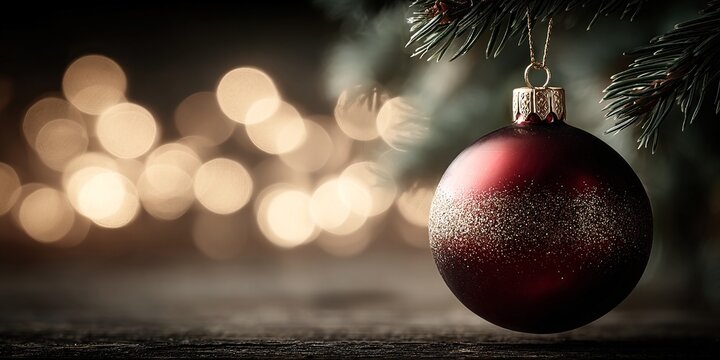 a christmas ornament decorated with a vibrant red and gold color scheme, set against a blurred background of lights