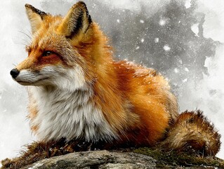 a close-up portrait of a fox with orange fur and white accents, sitting on a rock