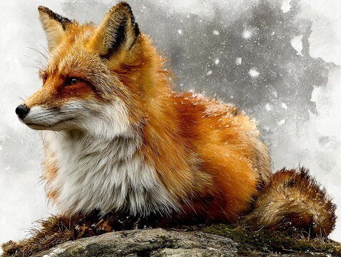 a close-up portrait of a fox with orange fur and white accents, sitting on a rock