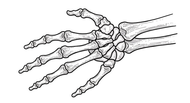 Detailed anatomical illustration of the human hand and wrist skeleton, showing carpals, metacarpals, and phalanges.