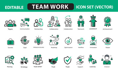 Teamwork & Business Icon Set &ndash; White Background, Black & Green Lineal Icons for Collaboration, Leadership, Strategy, Workflow, and Success