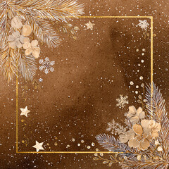 A brown background with a gold frame and a gold border