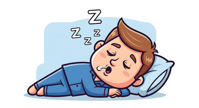 A cartoon boy in blue pajamas sleeping soundly on a light blue pillow with Zzz symbols above his head.