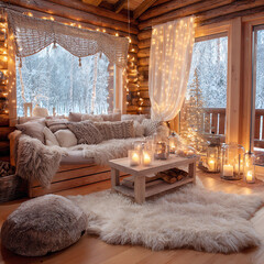A cozy living room with a white rug, a couch, and a coffee table