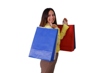 Happy woman holding shopping bags and smiling, enjoying consumerism and retail therapy, transparent background