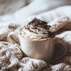 A white mug with whipped cream and chocolate chips on top