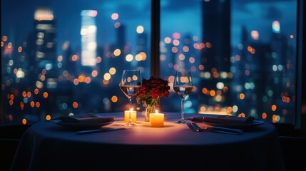 Romantic candlelit dinner table for two with wine glasses and blurry city lights view at night