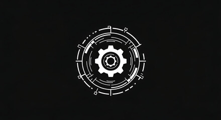 A futuristic digital interface with a central gear icon on a black background, symbolizing settings or engineering.
