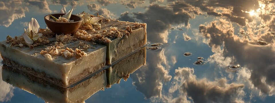 a cube-shaped structure with flowers and rocks reflected in a reflective surface beneath a cloudy sky