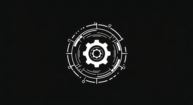A futuristic digital interface with a central gear icon on a black background, symbolizing settings or engineering.