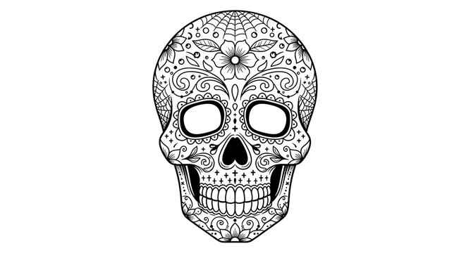 Intricate black and white sugar skull illustration with detailed floral and swirl patterns, a traditional symbol for Day of the Dead.