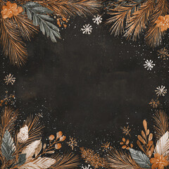 A black background with a frame of brown leaves and snow