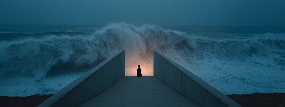 A lone figure stands alone at the entrance of a cave surrounded by crashing waves.
