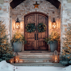A house with a large wooden door and two wreaths on it