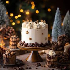A white cake with stars on it sits on a wooden stand