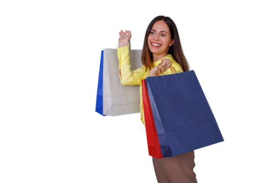 Happy woman carrying multiple colorful shopping bags, enjoying consumerism and retail, transparent background - Powered by Adobe