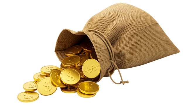 A small burlap sack tipped over with a pile of shiny gold coins spilling out onto a pure white surface, isolated on transparent background