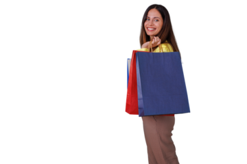 Happy woman holding colorful shopping bags, feeling joy and satisfaction after successful retail therapy, transparent background